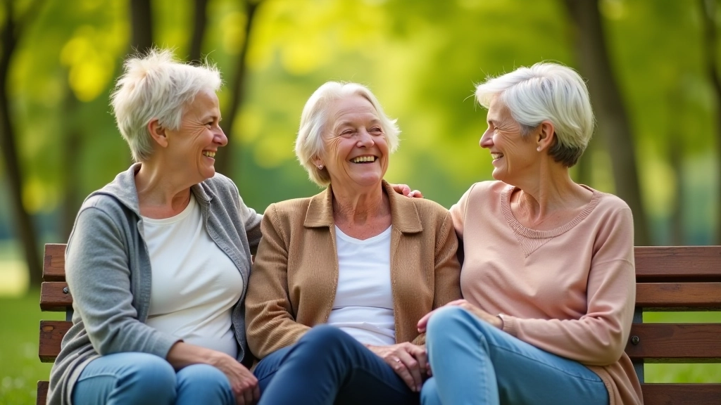Three diverse adults of different ages sitting together on a wooden bench outdoors, having conversation in a park setting with trees in background