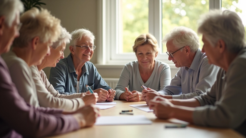 Small group of people aged 50-70 sitting around a wooden table with craft supplies and materials, engaged in creative activity, warm natural lighting, genuine interaction