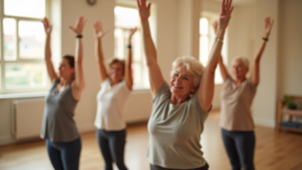 Group of adults in comfortable clothing stretching together in a bright, light-filled wellness studio with natural wooden flooring