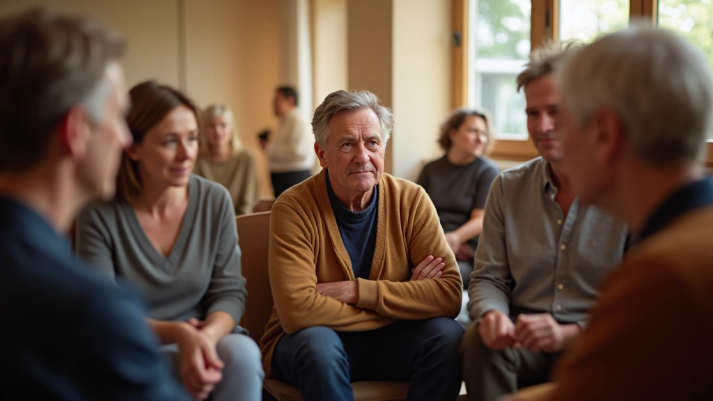 Group of people aged 45-70 engaged in conversation at a community wellness workshop, sitting in comfortable chairs, attentive and engaged, warm indoor lighting