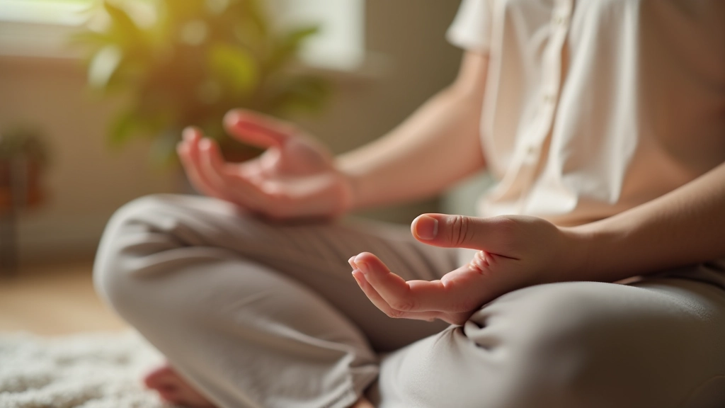 Close-up of hands resting gently on lap during meditation, person wearing soft neutral-colored clothing, peaceful home interior background, warm natural lighting