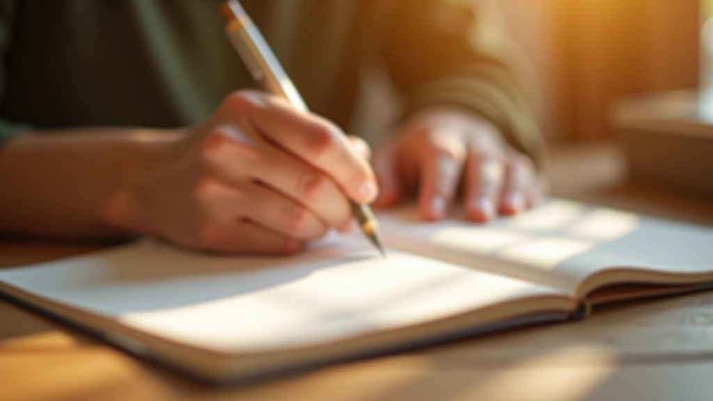 Hands writing in open journal with fountain pen on desk, warm afternoon light creating soft shadows