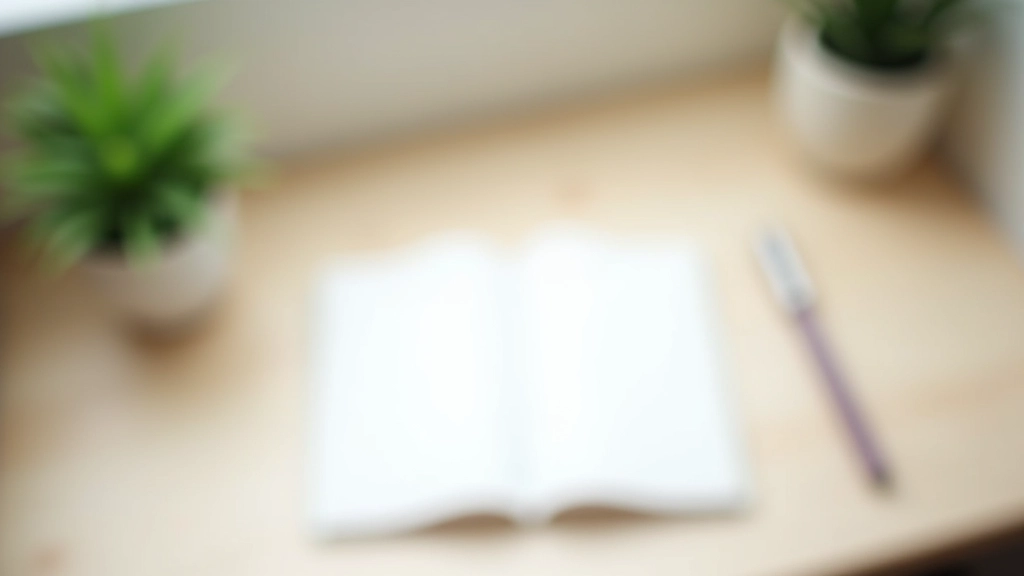 Serene workspace with open journal, botanical plant in ceramic pot, and notebook on light wood surface