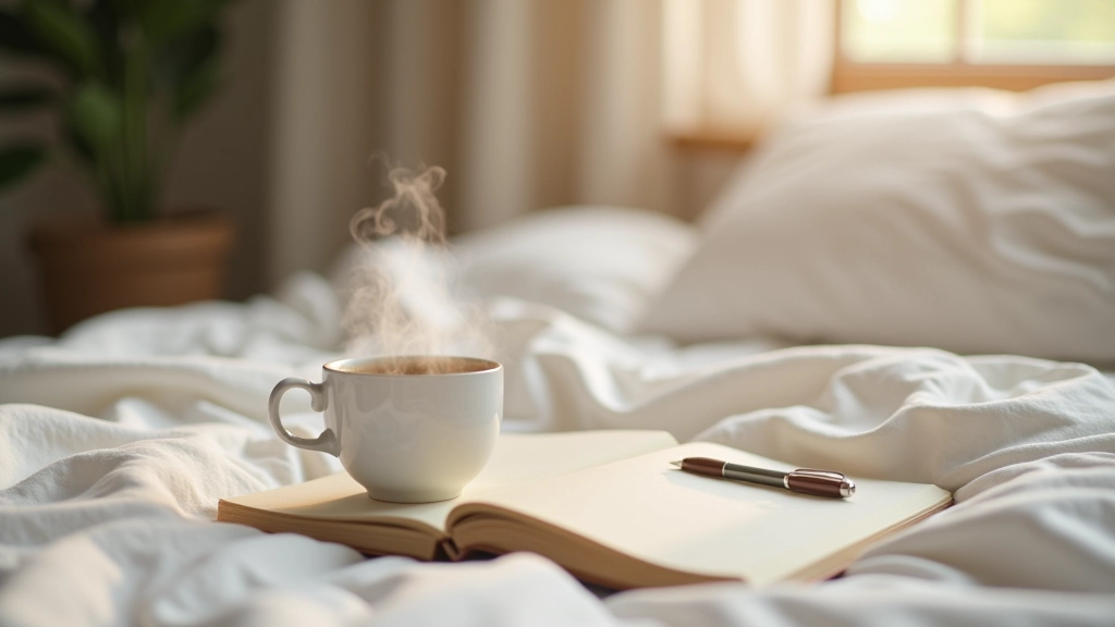 Peaceful morning scene with steaming coffee cup and open journal on soft linen bedding, natural window light