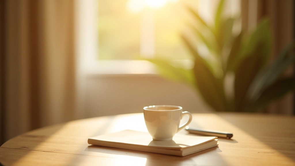 Morning sunlight streaming through window onto a cup of tea on a wooden table with a journal and pen nearby, peaceful morning routine setup, minimalist aesthetic