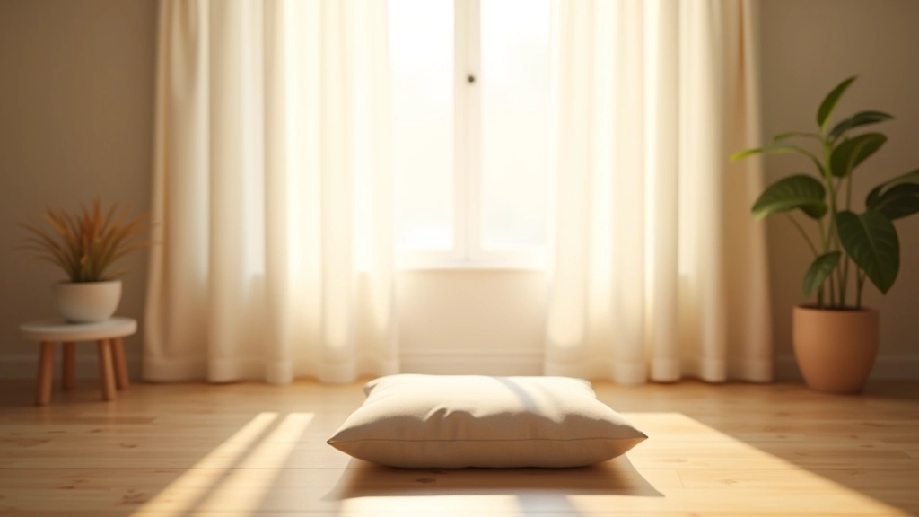 Peaceful bedroom with soft morning light coming through curtains, comfortable meditation cushion on wooden floor, minimalist design, calm aesthetic