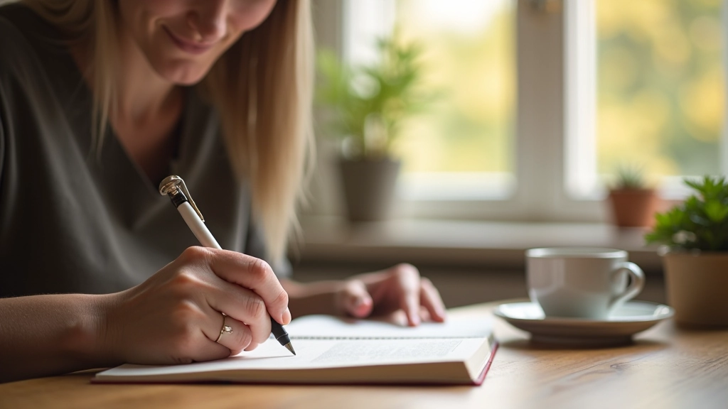 Person writing in journal at wooden table with natural light, reflection visible on glass cup beside notebook