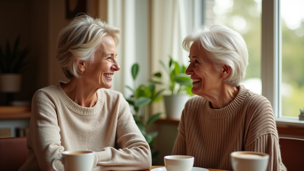 Two women having a conversation in a bright, warm setting
