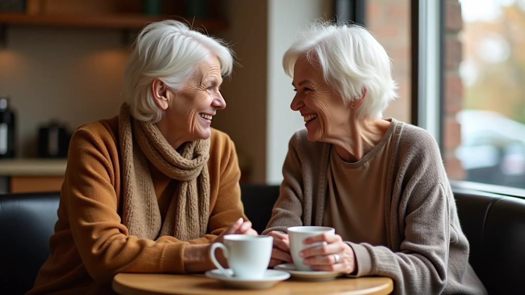 Two middle-aged women laughing together over coffee at a cozy cafe table, warm natural lighting, genuine connection