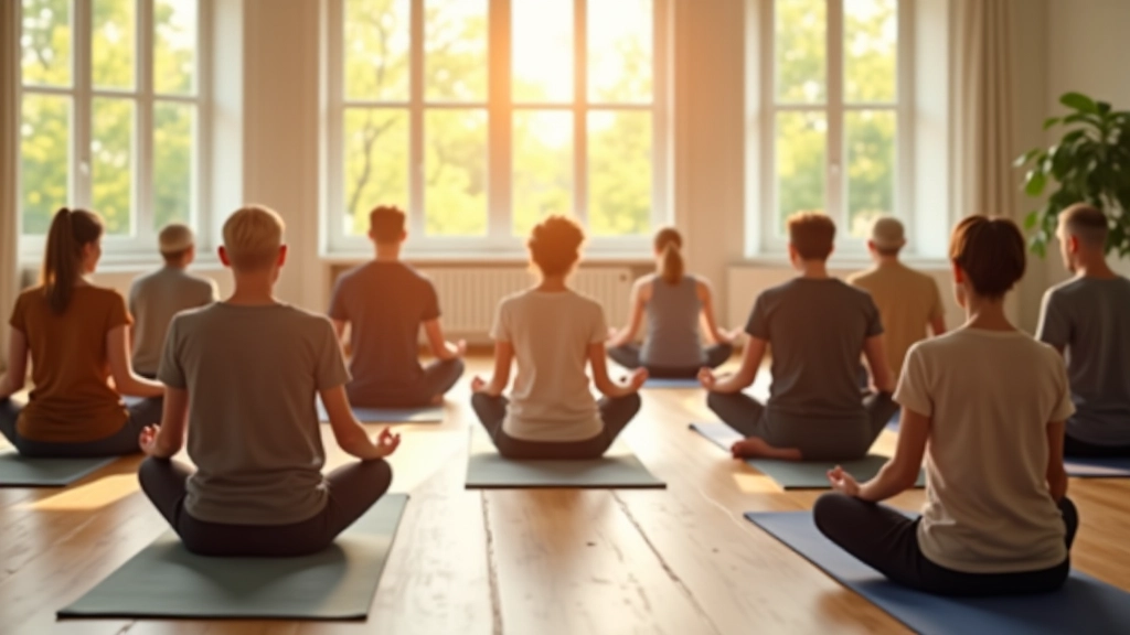 Indoor wellness studio with large windows, participants sitting in meditation circle on yoga mats with warm afternoon light