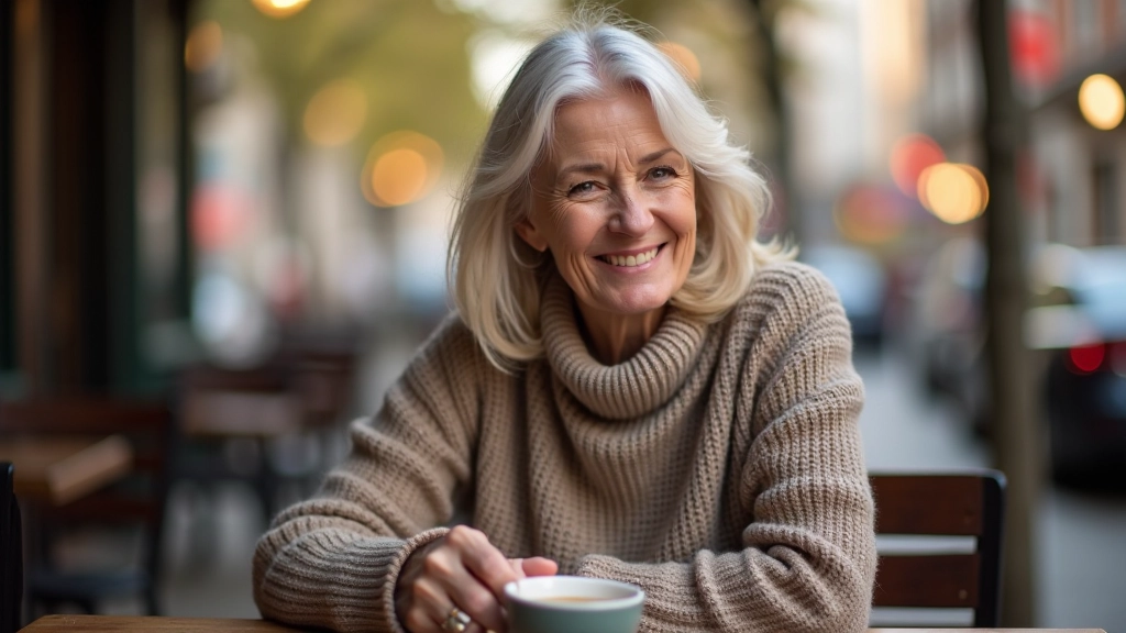 Woman aged 50s, fully clothed in casual sweater, sitting at outdoor cafe table with coffee cup, smiling warmly, urban street setting in background, natural daylight