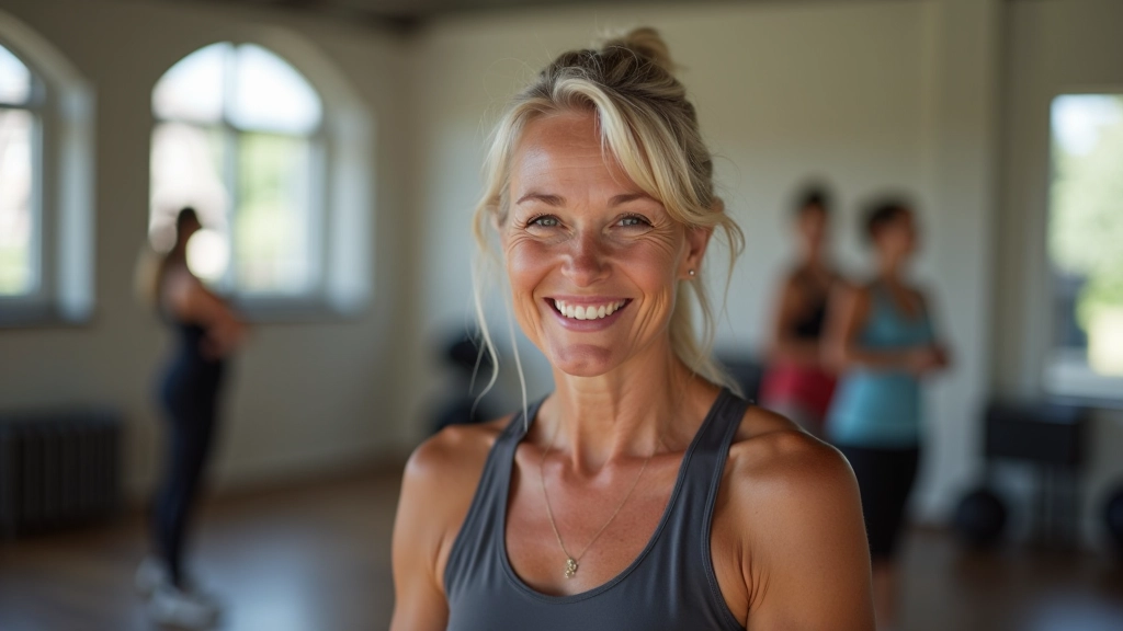 Woman aged 55 in fitness studio, fully clothed in athletic wear, smiling during group exercise class with other participants visible in background, bright studio lighting