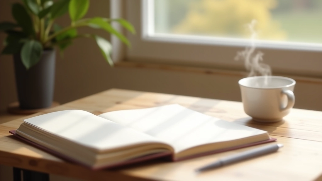 Mature adult journaling with reflection notes and tea cup on wooden table in quiet reflective space